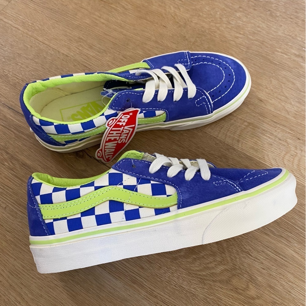 New Vans Blue and Neon Bright Green Checkered Sneaks